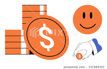 Stack of dollar coins, smiling face icon and hand holding a bitcoin vector illustration. Investment, wealth, cryptocurrency, savings, finance, digital economy. Money piles and crypto coin 141989303