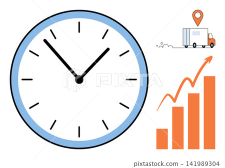 Clock with delivery truck and rising bar chart vector illustration. Logistics, supply chain, shipping speed, business growth, productivity, performance. Time management with transport 141989304