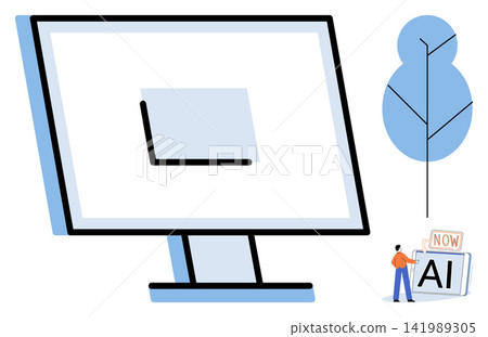 A person interacting with an AI interface on a computer screen vector illustration. Innovation, digital transformation, machine learning, future technology, automation, data processing. Human using A person interacting with an AI interface on a computer screen vector illustration. Innovation, digital transformation, machine learning, future technology, automation, data processing. Human using 141989305