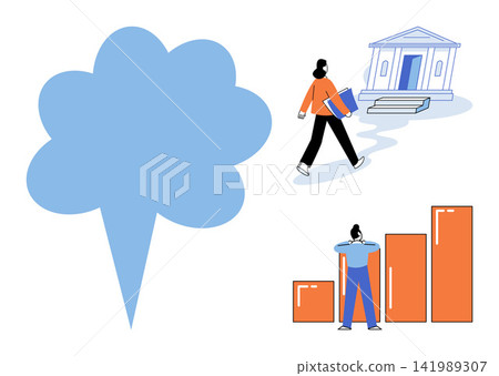 People walking to university and analyzing growth charts with a large speech bubble vector illustration. Education, career development, financial growth, academic success, business planning 141989307