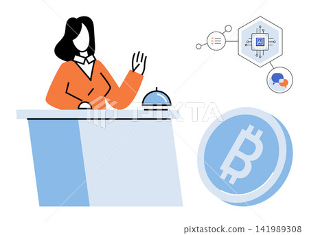 Receptionist at a hotel desk with bitcoin payment and artificial intelligence technology vector illustration. Hospitality, digital currency, automation, customer service, fintech, innovation. Hotel Receptionist at a hotel desk with bitcoin payment and artificial intelligence technology vector illustration. Hospitality, digital currency, automation, customer service, fintech, innovation. Hotel 141989308