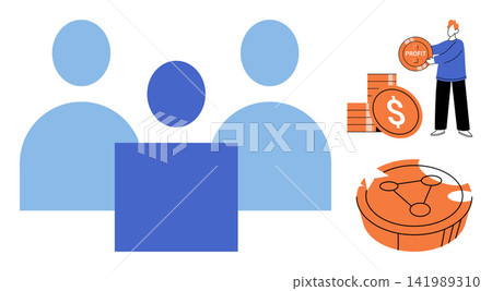 Group of people and man holding profit coin vector illustration. Finance, investment, teamwork, cryptocurrency, earnings, corporate growth. Business colleagues with money and digital assets 141989310