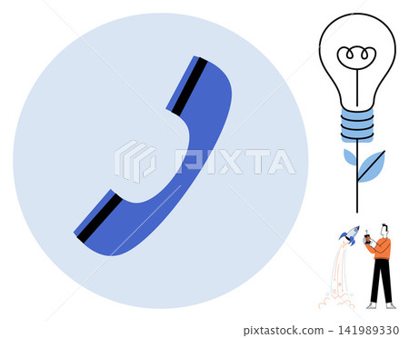 Telephone handset and lightbulb icon vector illustration. Customer support, creative ideas, startup growth, technical assistance, business strategy, digital marketing. Phone receiver and lamp Telephone handset and lightbulb icon vector illustration. Customer support, creative ideas, startup growth, technical assistance, business strategy, digital marketing. Phone receiver and lamp 141989330