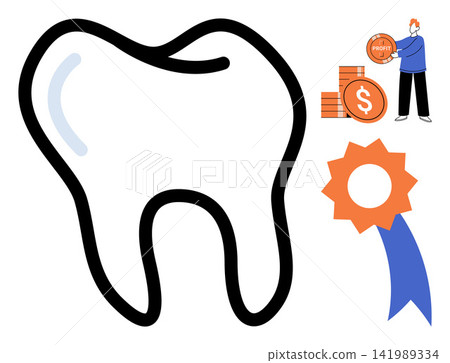 Tooth icon with money and award ribbon vector illustration. Dental insurance, financial savings, quality service, oral hygiene, investment, professional recognition. Molar symbol with coins Tooth icon with money and award ribbon vector illustration. Dental insurance, financial savings, quality service, oral hygiene, investment, professional recognition. Molar symbol with coins 141989334