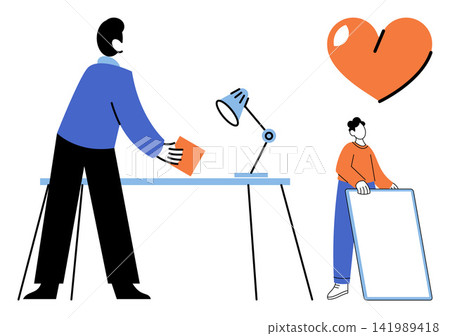 Two people working together with a heart symbol vector illustration. Teamwork, collaboration, partnership, office environment, creative project, support. Colleagues cooperating on tasks Two people working together with a heart symbol vector illustration. Teamwork, collaboration, partnership, office environment, creative project, support. Colleagues cooperating on tasks 141989418