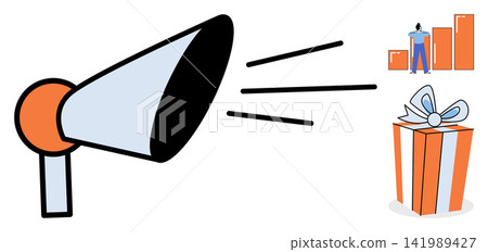 Megaphone with gift box and growth chart vector illustration. Advertising, sales promotion, business growth, marketing strategy, customer loyalty, reward program. Loudspeaker with present and graph Megaphone with gift box and growth chart vector illustration. Advertising, sales promotion, business growth, marketing strategy, customer loyalty, reward program. Loudspeaker with present and graph 141989427
