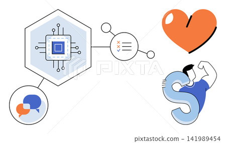 Digital health technology and fitness wellness vector illustration. Healthcare, medical innovation, physical strength, heart health, data analysis, communication. Modern tech wellness icons Digital health technology and fitness wellness vector illustration. Healthcare, medical innovation, physical strength, heart health, data analysis, communication. Modern tech wellness icons 141989454