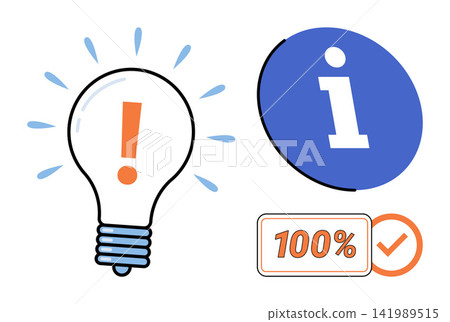 Light bulb with exclamation mark, information icon, and success checkmark vector illustration. Problem solving, customer support, business solutions, task completion, accuracy, guidance. Idea symbol Light bulb with exclamation mark, information icon, and success checkmark vector illustration. Problem solving, customer support, business solutions, task completion, accuracy, guidance. Idea symbol 141989515
