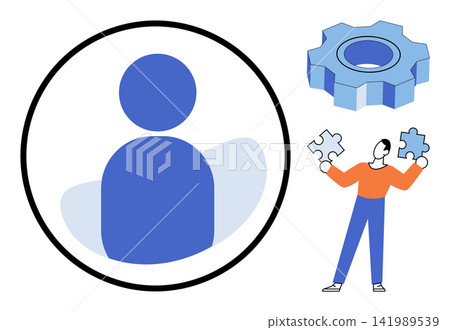 User profile icon with gear cog and person holding puzzle pieces vector illustration. Problem solving, teamwork, business strategy, technical support, development, solution. Avatar symbol User profile icon with gear cog and person holding puzzle pieces vector illustration. Problem solving, teamwork, business strategy, technical support, development, solution. Avatar symbol 141989539