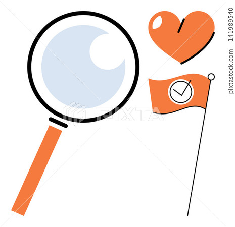 Magnifying glass heart and flag with checkmark vector illustration. Research, love, achievement, validation, quality, success. Search tool, symbol of affection, banner with tick mark 141989540