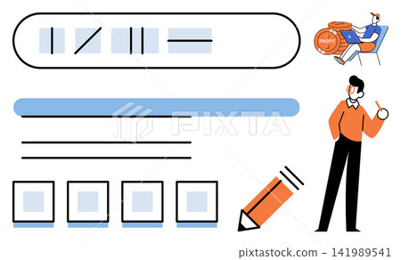 Web design and development process elements with a professional designer vector illustration. UI UX planning, digital project management, creative workflow, website layout, coding, business strategy Web design and development process elements with a professional designer vector illustration. UI UX planning, digital project management, creative workflow, website layout, coding, business strategy 141989541