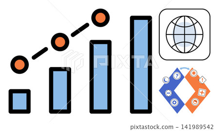 Bar chart with rising trend line and global network icons vector illustration. Analytics, financial growth, international business, digital marketing, data strategy, corporate development. Statistics Bar chart with rising trend line and global network icons vector illustration. Analytics, financial growth, international business, digital marketing, data strategy, corporate development. Statistics 141989542