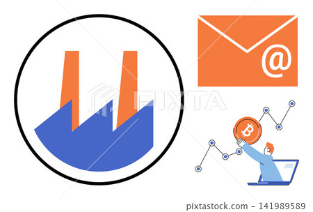 Factory icon, email envelope, and person with bitcoin chart vector illustration. Industrial production, digital communication, cryptocurrency investment, financial growth, business, technology Factory icon, email envelope, and person with bitcoin chart vector illustration. Industrial production, digital communication, cryptocurrency investment, financial growth, business, technology 141989589