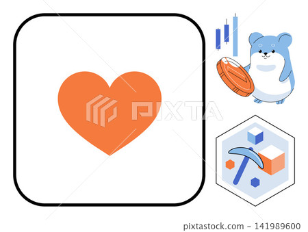 Orange heart symbol and cute hamster holding a gold coin vector illustration. Finance, digital assets, investment, trading, blockchain, crypto mining. Love icon and rodent trader Orange heart symbol and cute hamster holding a gold coin vector illustration. Finance, digital assets, investment, trading, blockchain, crypto mining. Love icon and rodent trader 141989600