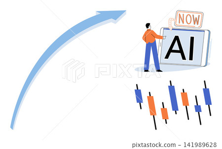 Man using tablet for artificial intelligence trading with rising arrow and candlestick chart vector illustration. Finance, investment, technology, growth, analysis, strategy. AI stock market Man using tablet for artificial intelligence trading with rising arrow and candlestick chart vector illustration. Finance, investment, technology, growth, analysis, strategy. AI stock market 141989628