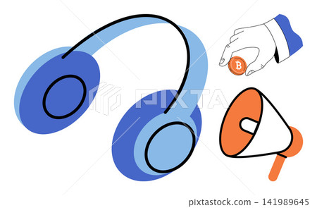 Headphones megaphone and hand holding bitcoin vector illustration. Business promotion, financial technology, audio communication, digital marketing, online investment, media outreach. Audio gear 141989645