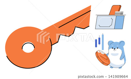 Orange key and hamster trader with coin vector illustration. Business growth, financial investment, market strategy, wealth management, trading success, economic planning. Security symbol Orange key and hamster trader with coin vector illustration. Business growth, financial investment, market strategy, wealth management, trading success, economic planning. Security symbol 141989664