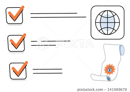 Checklist with globe icon and secure document vector illustration. Compliance, data protection, global business, information security, task management, digital privacy. Verified list and globe Checklist with globe icon and secure document vector illustration. Compliance, data protection, global business, information security, task management, digital privacy. Verified list and globe 141989678