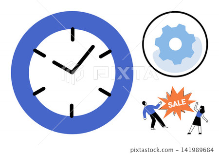 Clock gear and people with sale sign vector illustration. Time management, business efficiency, marketing strategy, shopping event, productivity, commerce. Chronometer cogwheel and customers Clock gear and people with sale sign vector illustration. Time management, business efficiency, marketing strategy, shopping event, productivity, commerce. Chronometer cogwheel and customers 141989684