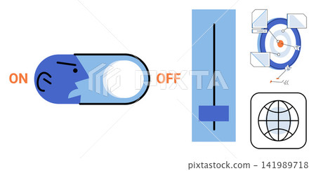 Toggle switch with human profile slider control target and globe icons vector illustration. Settings, configuration, optimization, connectivity, management, web development. Interface adjustment Toggle switch with human profile slider control target and globe icons vector illustration. Settings, configuration, optimization, connectivity, management, web development. Interface adjustment 141989718