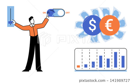 Man adjusting business settings and financial indicators vector illustration. Economic growth, currency exchange, market analysis, investment strategy, fiscal policy, corporate planning. Person Man adjusting business settings and financial indicators vector illustration. Economic growth, currency exchange, market analysis, investment strategy, fiscal policy, corporate planning. Person 141989727