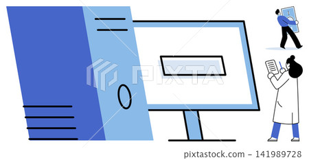 Computer workstation with medical staff and patient records vector illustration. Hospital administration, digital health, patient data, clinic workflow, medical billing, office management. Desktop Computer workstation with medical staff and patient records vector illustration. Hospital administration, digital health, patient data, clinic workflow, medical billing, office management. Desktop 141989728