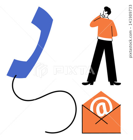 Man thinking near telephone handset and email envelope vector illustration. Customer support, business contact, digital communication, message delivery, technical assistance, remote connection Man thinking near telephone handset and email envelope vector illustration. Customer support, business contact, digital communication, message delivery, technical assistance, remote connection 141989733