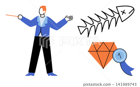 Conductor with baton next to fish bones and diamond award vector illustration. Music, performance, success, failure, contrast, achievement, business, art, leadership, irony metaphor Maestro Conductor with baton next to fish bones and diamond award vector illustration. Music, performance, success, failure, contrast, achievement, business, art, leadership, irony metaphor Maestro 141989743