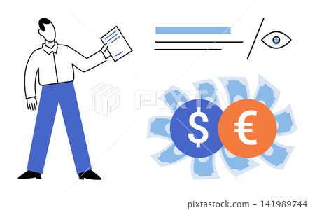 Businessman holding a document with currency symbols and charts vector illustration. Investment, banking, finance, economy, wealth, business strategy. Professional analyzing market data Businessman holding a document with currency symbols and charts vector illustration. Investment, banking, finance, economy, wealth, business strategy. Professional analyzing market data 141989744
