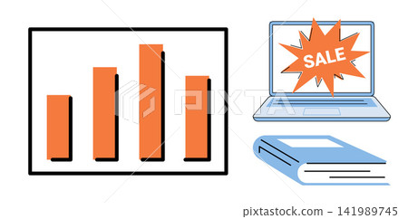 Bar chart laptop with sale sign and book vector illustration. E-commerce marketing, financial growth, digital education, retail promotion, data analysis, business strategy. Statistics computer 141989745