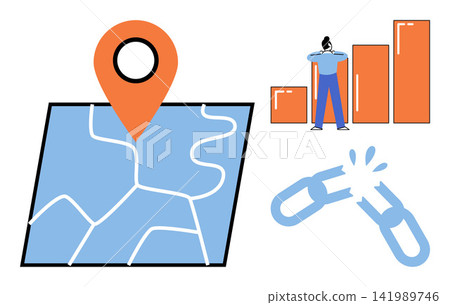 Map pin on a route, person looking at a bar chart, and a broken chain vector illustration. Logistics, business growth, problem solving, strategy, navigation, failure. Location marker, data analysis Map pin on a route, person looking at a bar chart, and a broken chain vector illustration. Logistics, business growth, problem solving, strategy, navigation, failure. Location marker, data analysis 141989746