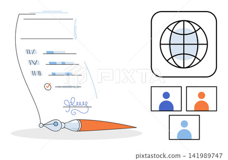 Document signing with a fountain pen and video call icons vector illustration. International business, remote collaboration, digital agreement, online communication, global partnership, workflow Document signing with a fountain pen and video call icons vector illustration. International business, remote collaboration, digital agreement, online communication, global partnership, workflow 141989747