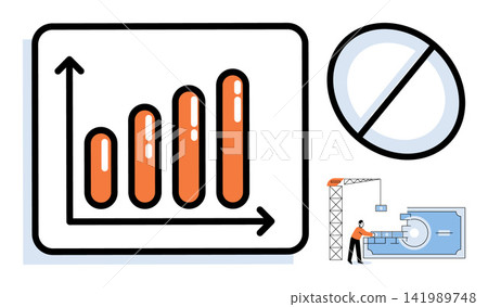 Bar chart icon and construction site vector illustration. Financial progress, economic development, building project, industrial work, investment strategy, infrastructure. Growth graph and builder Bar chart icon and construction site vector illustration. Financial progress, economic development, building project, industrial work, investment strategy, infrastructure. Growth graph and builder 141989748