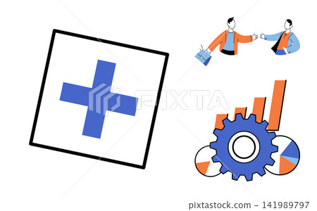 Medical plus sign icon with business growth strategy elements vector illustration. Healthcare management, corporate development, financial planning, data analysis, professional teamwork, success Medical plus sign icon with business growth strategy elements vector illustration. Healthcare management, corporate development, financial planning, data analysis, professional teamwork, success 141989797