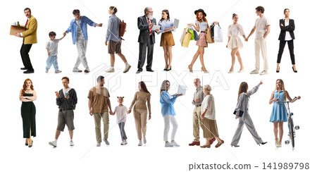 Multigenerational people standing and walking in varied everyday poses on white 141989798