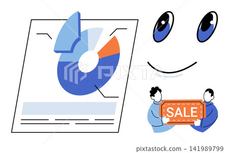 Pie chart document and people holding a sale sign vector illustration. Marketing, commerce, statistics, retail, growth, strategy. Financial report with infographic and shoppers 141989799