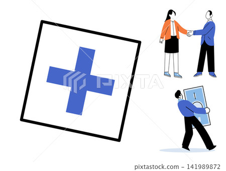 Medical cross symbol with business people shaking hands and carrying money vector illustration. Healthcare, finance, partnership, investment, insurance, banking. Hospital sign and professionals 141989872