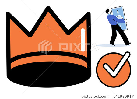 Crown money carrier and checkmark vector illustration. Leadership, financial success, achievement, validation, business growth, goal completion. Royal symbol person holding cash and tick Crown money carrier and checkmark vector illustration. Leadership, financial success, achievement, validation, business growth, goal completion. Royal symbol person holding cash and tick 141989917