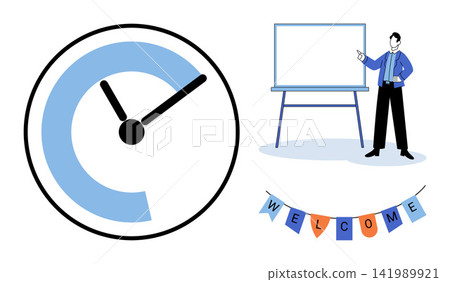 Clock icon, presenter at whiteboard, and welcome banner vector illustration. Time management, corporate training, business meeting, professional development, onboarding, event planning. Chronometer Clock icon, presenter at whiteboard, and welcome banner vector illustration. Time management, corporate training, business meeting, professional development, onboarding, event planning. Chronometer 141989921