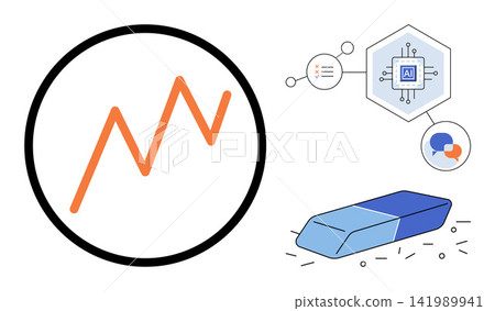 Data chart, AI chip, and eraser icons vector illustration. Business analytics, machine learning, digital editing, information processing, technology optimization, content correction. Graphic symbols Data chart, AI chip, and eraser icons vector illustration. Business analytics, machine learning, digital editing, information processing, technology optimization, content correction. Graphic symbols 141989941