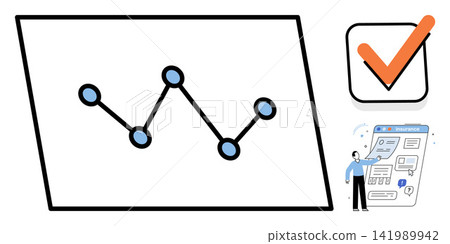 Line chart and checklist icons vector illustration. Project management, workflow optimization, task tracking, data visualization, productivity, goal achievement. Statistical graph and verified box Line chart and checklist icons vector illustration. Project management, workflow optimization, task tracking, data visualization, productivity, goal achievement. Statistical graph and verified box 141989942