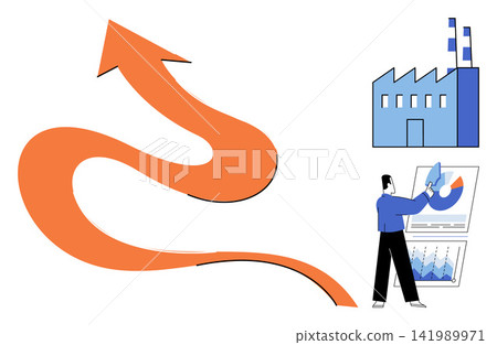 Businessman analyzing industrial data charts with a rising arrow vector illustration. Economic development, manufacturing growth, corporate strategy, market analysis, production efficiency, success Businessman analyzing industrial data charts with a rising arrow vector illustration. Economic development, manufacturing growth, corporate strategy, market analysis, production efficiency, success 141989971