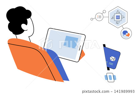 Person using a digital tablet for online banking and artificial intelligence technology vector illustration. Finance, digital payment, machine learning, data processing, e-commerce, connectivity Person using a digital tablet for online banking and artificial intelligence technology vector illustration. Finance, digital payment, machine learning, data processing, e-commerce, connectivity 141989993
