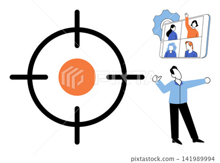 Target symbol with team video call and man gesturing vector illustration. Business strategy, goal setting, remote communication, teamwork, project management, digital collaboration. Aim icon Target symbol with team video call and man gesturing vector illustration. Business strategy, goal setting, remote communication, teamwork, project management, digital collaboration. Aim icon 141989994