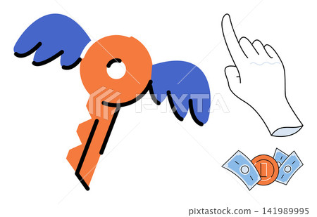 Flying key with wings, pointing hand, and money vector illustration. Financial freedom, investment growth, wealth management, business opportunity, success strategy, capital access. Winged opener Flying key with wings, pointing hand, and money vector illustration. Financial freedom, investment growth, wealth management, business opportunity, success strategy, capital access. Winged opener 141989995