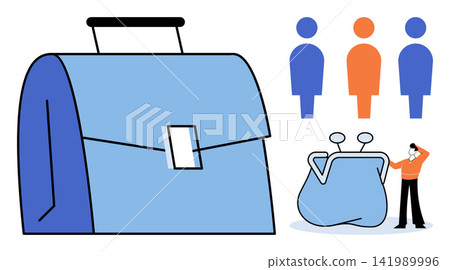 Business briefcase with people icons and a person holding a purse vector illustration. Finance, employment, recruitment, investment, economy, career development. Office bag with human figures Business briefcase with people icons and a person holding a purse vector illustration. Finance, employment, recruitment, investment, economy, career development. Office bag with human figures 141989996