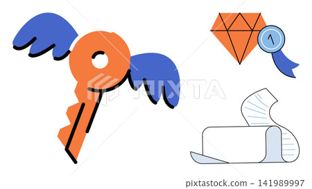 Flying key diamond award and document vector illustration. Achievement, business growth, success, strategy, goal setting, productivity. Unlock potential, prize, paper, wings icon set Flying key diamond award and document vector illustration. Achievement, business growth, success, strategy, goal setting, productivity. Unlock potential, prize, paper, wings icon set 141989997