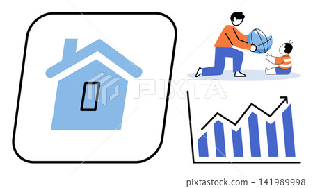 House icon, father playing with child, and rising financial graph vector illustration. Real estate, parenting, investment, economic growth, family life, success. Residential symbol, dad, baby profit House icon, father playing with child, and rising financial graph vector illustration. Real estate, parenting, investment, economic growth, family life, success. Residential symbol, dad, baby profit 141989998