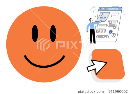 Happy happy face icon and person filling out insurance policy web interface vector illustration. Customer service, digital insurance, online form, user experience, feedback, web design. Smiling 141990002