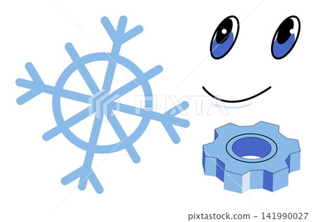 Snowflake gear and smiling face vector illustration. Winter, engineering, technology, happiness, seasonal, industrial. Frozen crystal cogwheel and happy cartoon character expression Snowflake gear and smiling face vector illustration. Winter, engineering, technology, happiness, seasonal, industrial. Frozen crystal cogwheel and happy cartoon character expression 141990027